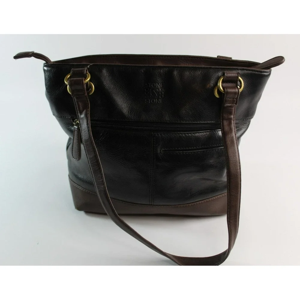 STONE & CO BLACK LEATHER SHOULDER HANDBAG MULTIPLE ZIPPER POCKETS